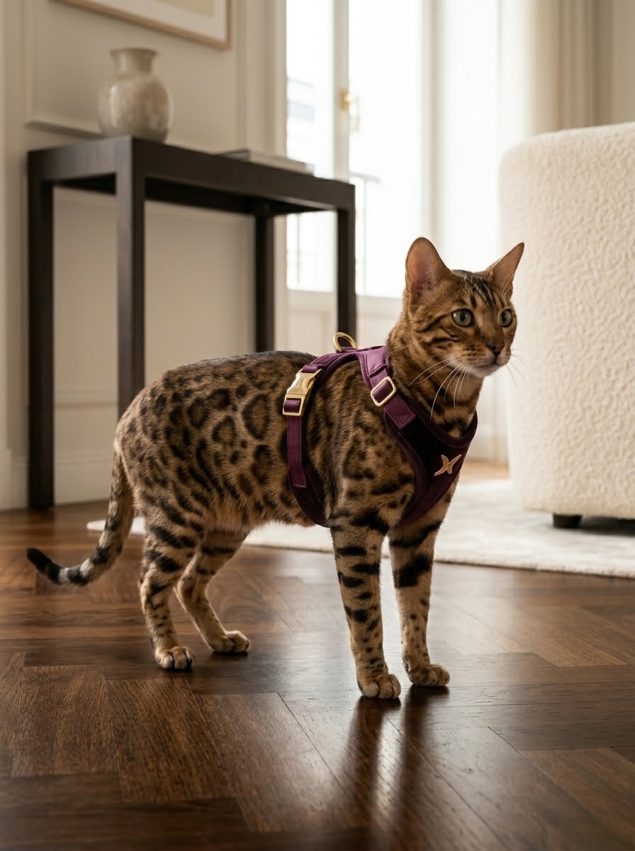 Kot w designerskich szelkach