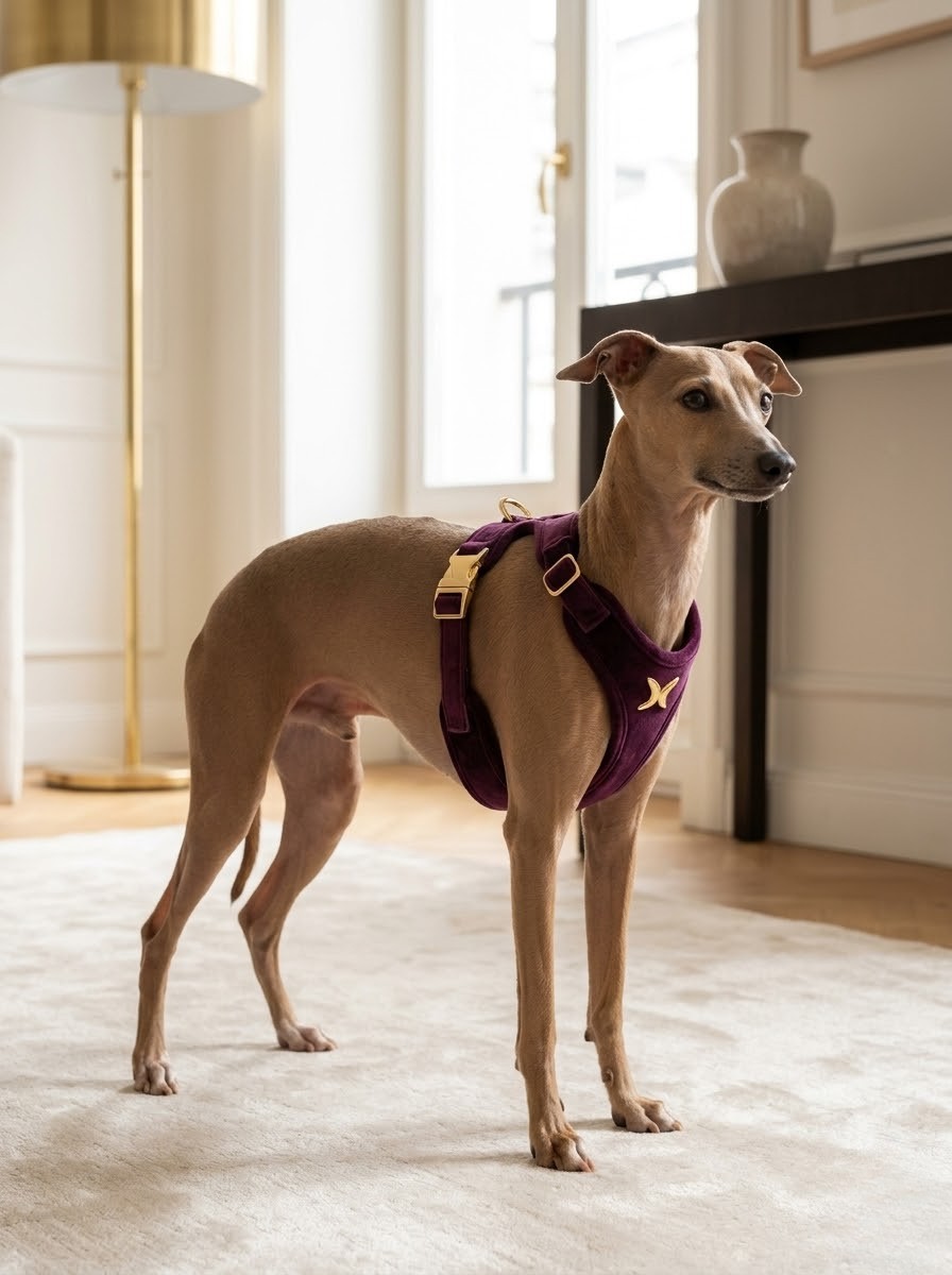 Pies w luksusowych szelkach