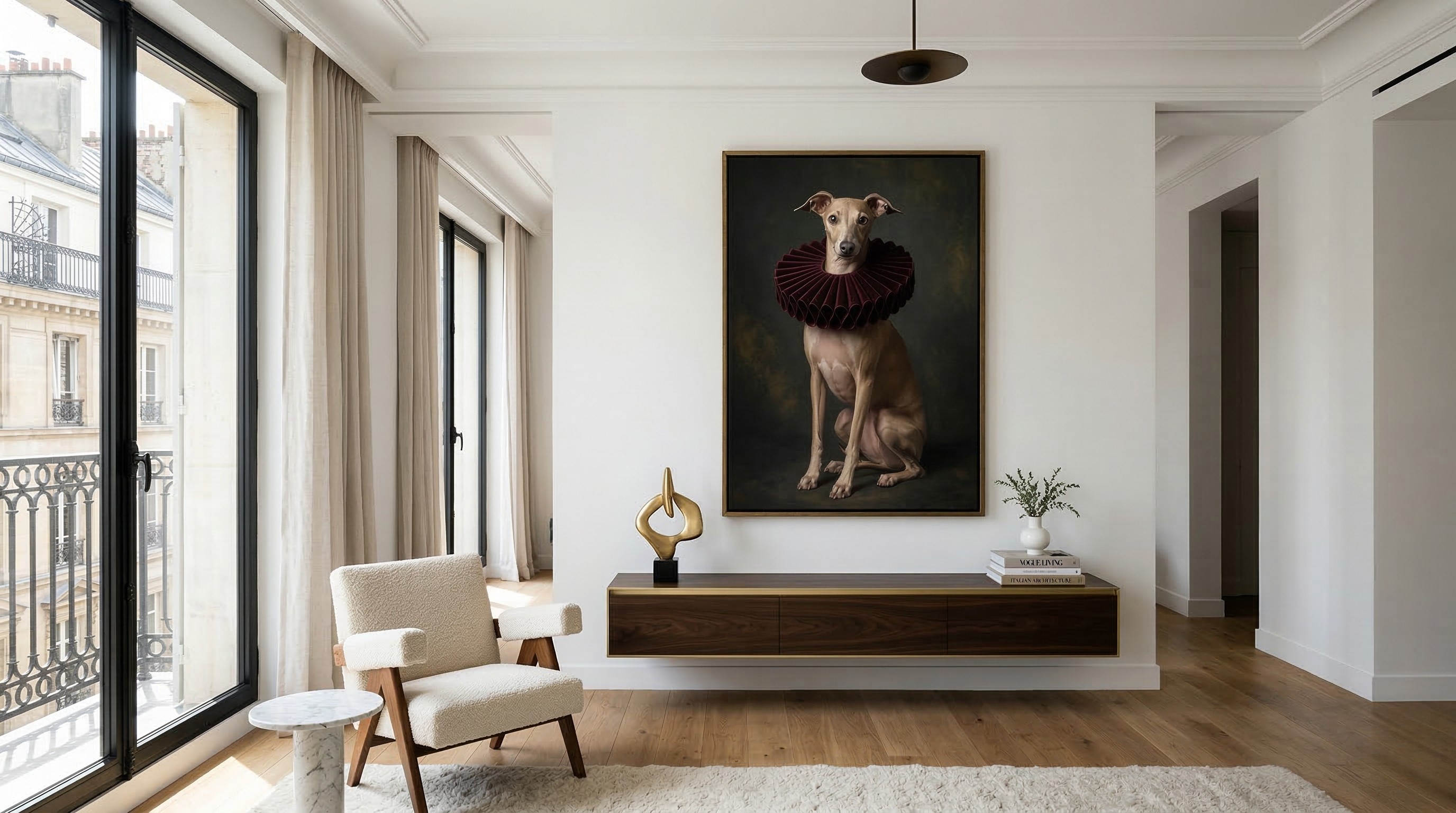 Aksamitne Wnętrze VelvetPaw z Portretem Charta